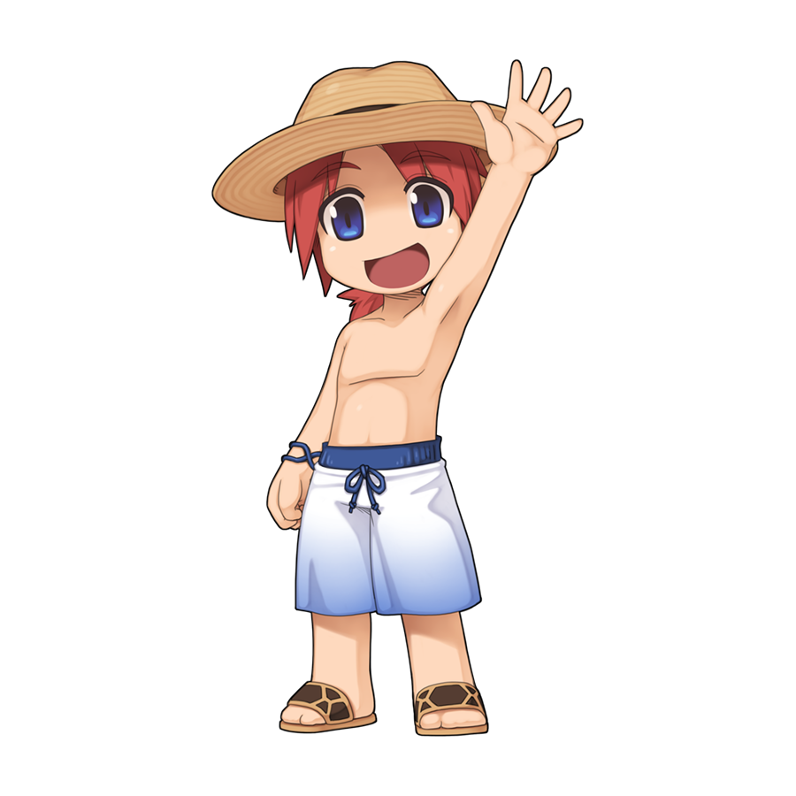 1boy blue_eyes blue_swim_trunks brown_hat chibi full_body hat looking_at_viewer male_focus no_nipples official_art open_mouth ragnarok_online red_hair sandals short_hair simple_background smile solo topless_male transparent_background waving yuichirou