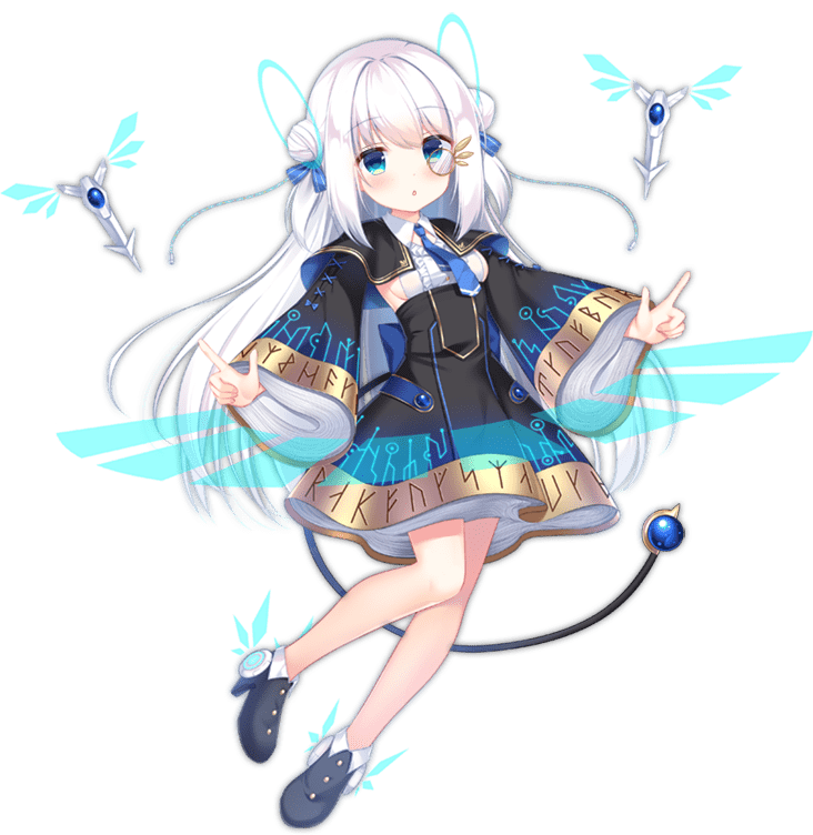 1girl ark_order arms_at_sides black_dress black_footwear blue_eyes blue_necktie boots breasts cable cable_tail center_frills circuit_board_print cthulhu_mythos dress energy_wings floating frills full_body gold_trim hologram ikataruto index_finger_raised long_hair long_sleeves looking_at_viewer mechanical_tail monocle necktie official_art runes sideboob sidelocks solo tachi-e tail transparent_background two_side_up very_long_hair white_hair wide_sleeves winged_footwear yith_(ark_order)