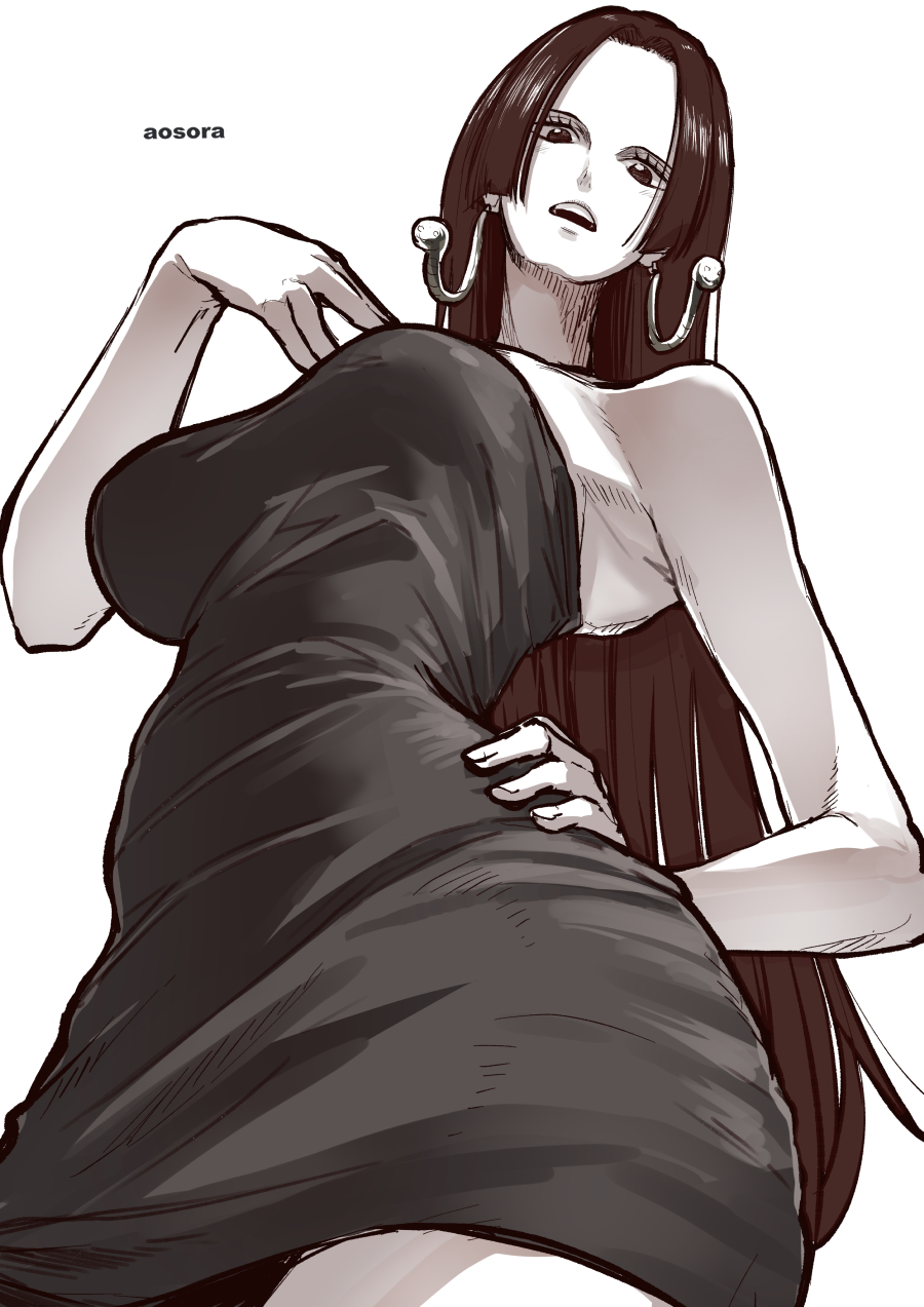 1girl aosora2823 artist_name bare_shoulders black_dress black_hair boa_hancock breasts commentary_request contrapposto crosshatching dress earrings eyelashes forehead foreshortening from_below greyscale hand_on_own_chest hand_on_own_hip hatching_(texture) highres hime_cut jewelry large_breasts long_hair long_neck looking_at_viewer monochrome one_piece open_mouth parted_lips short_dress skin_tight sleeveless sleeveless_dress snake_earrings solo strapless strapless_dress teeth upper_body upper_teeth_only very_long_hair