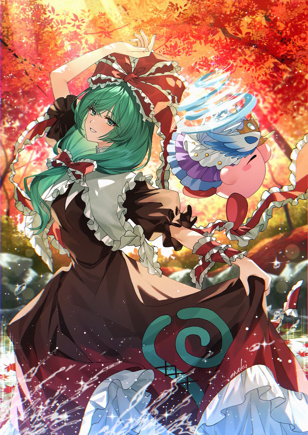 1girl arm_ribbon artist_name autumn bow dress enoki_3106 frilled_bow frilled_dress frilled_ribbon frills front_ponytail gradient_dress green_eyes green_hair hair_bow hair_ribbon hand_up highres kagiyama_hina kirby kirby_(series) leaf lifted_by_self long_ribbon looking_at_viewer maple_leaf outdoors puffy_short_sleeves puffy_sleeves red_bow red_ribbon ribbon short_sleeves smile solo touhou two-tone_dress water_drop