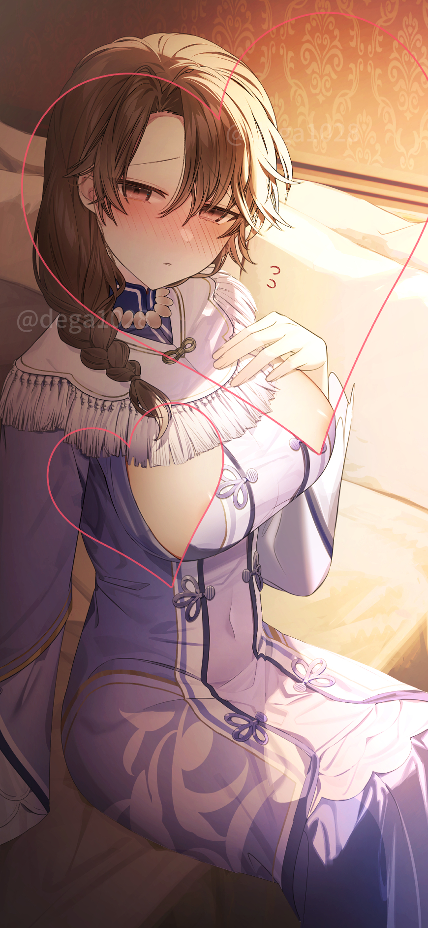 1girl blush braid breasts brown_eyes brown_hair covered_navel dress genshin_impact hair_between_eyes hair_ornament hand_on_own_chest highres impossible_clothes impossible_dress indoors jewelry large_breasts long_hair long_sleeves looking_at_viewer on_bed purple_dress ribbon single_braid sitting sleeves_past_wrists solo syandega ying'er_(genshin_impact)