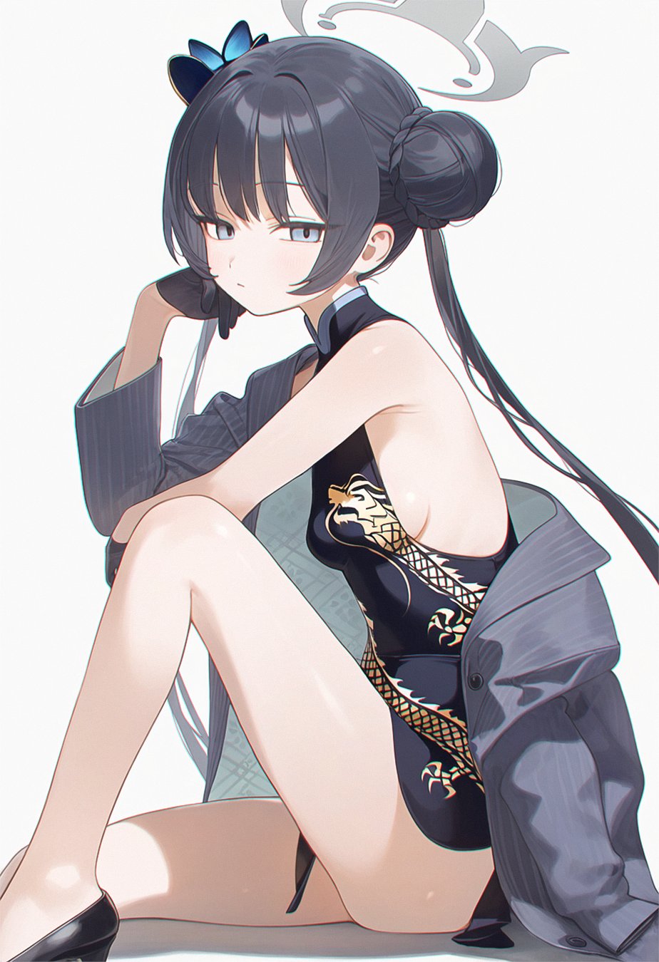 1girl ai-assisted ai-generated barefoot black_eyes black_hair black_halo blue_archive breasts chinese_clothes closed_mouth double_bun globe hair_bun hair_ornament halo highres kisaki_(blue_archive) off_shoulder poki_(j0ch3fvj6nd) simple_background small_breasts thighs twintails white_background