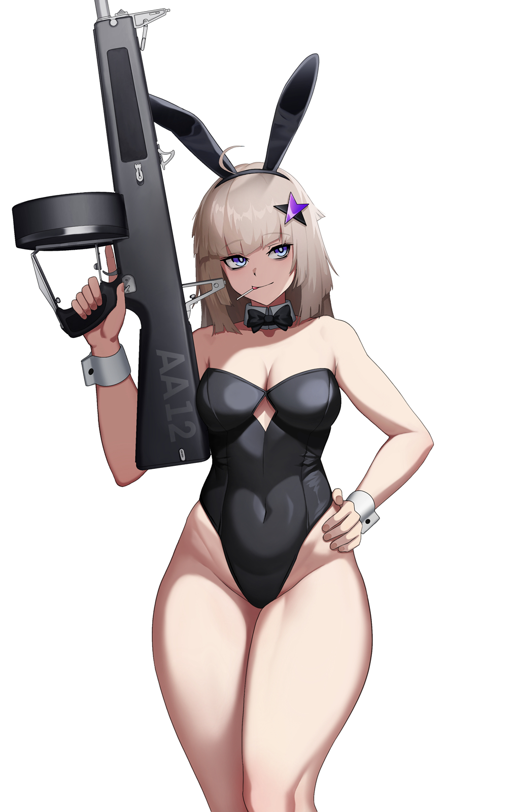 1girl aa-12 aa-12_(girls'_frontline) ahoge animal_ears black_leotard blonde_hair blue_eyes breasts candy cero_(last2stage) cleavage commission covered_navel detached_collar fake_animal_ears food food_in_mouth girls'_frontline gun hair_ornament hand_on_own_hip hand_up highres holding holding_weapon leotard lollipop long_hair medium_breasts playboy_bunny rabbit_ears shotgun smile solo star_(symbol) star_hair_ornament thick_thighs thighs trigger_discipline weapon