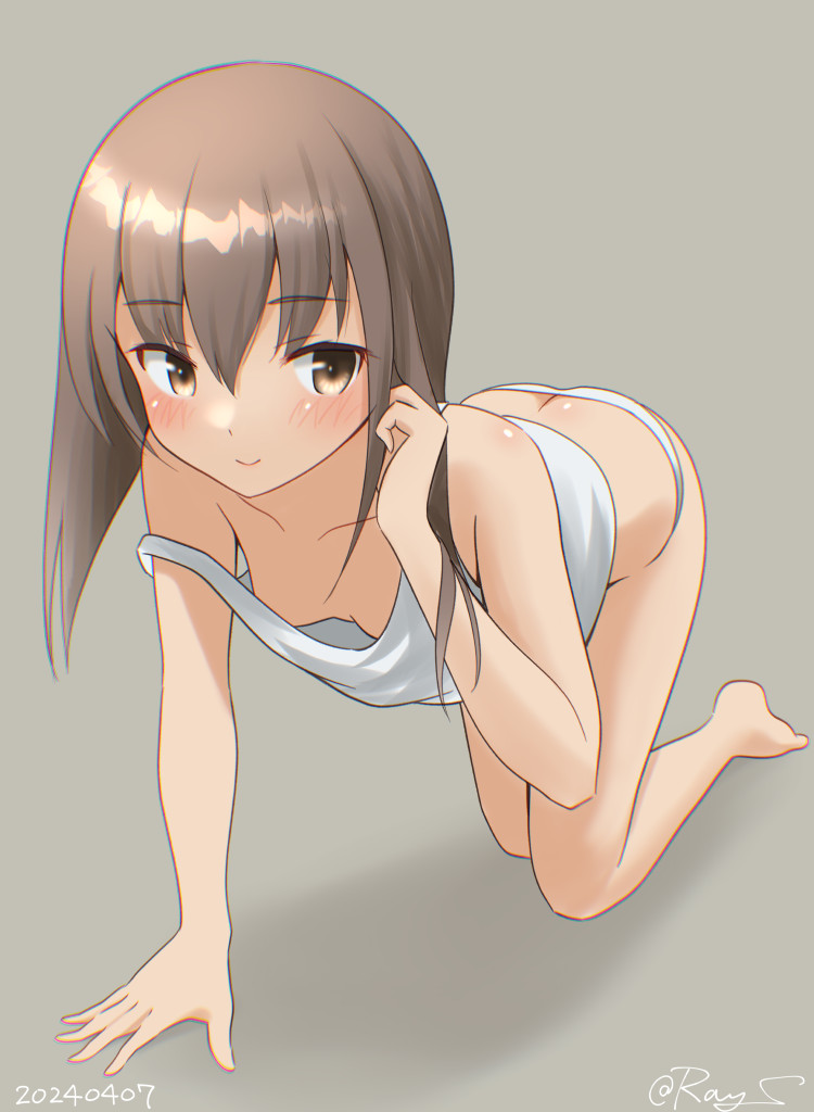 1girl all_fours breasts brown_eyes brown_hair downblouse grey_background kantai_collection one-hour_drawing_challenge panties ray.s shadow short_hair short_hair_with_long_locks simple_background small_breasts solo strap_slip taihou_(kancolle) tank_top underwear white_panties white_tank_top