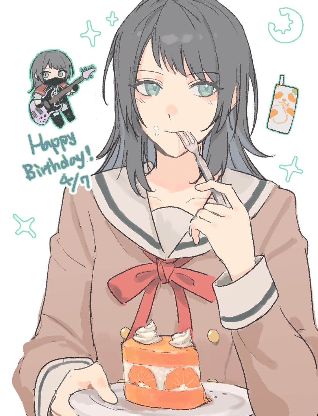 1girl bang_dream! bang_dream!_it's_mygo!!!!! black_hair black_mask cake carton chibi chibi_inset commentary dated food food_on_face fork green_eyes green_outline hanasakigawa_school_uniform happy_birthday hashtag-only_commentary highres holding holding_fork long_sleeves mask medium_hair mouth_mask neck_ribbon nininikal outline red_ribbon ribbon sailor_collar school_uniform upper_body white_background white_sailor_collar yahata_umiri