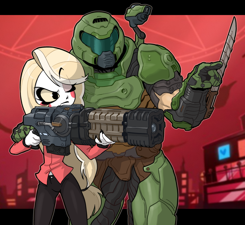 1boy 1girl aiming arm_blade armor assault_visor black_nails black_pants blonde_hair blush_stickers centinel303 charlie_morningstar closed_mouth colored_sclera colored_skin commentary cowboy_shot crossover doom_(series) doom_eternal doomguy energy_gun english_commentary fingernails green_armor gun hand_on_another's_head hazbin_hotel height_difference helmet holding holding_gun holding_weapon letterboxed long_hair multicolored_hair one_eye_closed pants plasma_rifle pointing pointing_forward praetor_suit red_shirt red_sky sharp_fingernails shirt shoulder_cannon sky streaked_hair very_long_hair weapon white_hair white_skin yellow_sclera