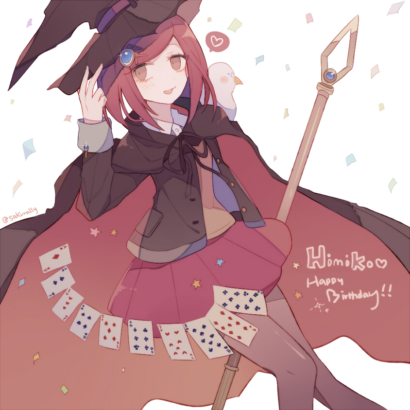 1girl ace_(playing_card) ace_of_diamonds animal_on_shoulder bird bird_on_shoulder black_cape black_hat black_jacket black_ribbon black_sleeves blazer brown_eyes brown_vest buttons cape card character_name collared_shirt commentary_request confetti cowboy_shot danganronpa_(series) danganronpa_v3:_killing_harmony diamond_(shape) eyelashes gem_hair_ornament grey_pantyhose hand_on_headwear happy_birthday hat heart holding holding_staff jacket long_sleeves looking_at_viewer medium_hair miniskirt neck_ribbon open_clothes open_jacket open_mouth pantyhose playing_card pleated_skirt pocket red_cape red_hair red_skirt ribbon sakura_(fein5862817) shirt simple_background skirt smile solo spoken_heart staff star_(symbol) twitter_username two-sided_cape two-sided_fabric vest white_background white_bird white_shirt witch_hat yumeno_himiko