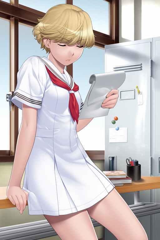 1girl arm_at_side arm_support bare_arms blonde_hair breasts closed_eyes closed_mouth cowboy_shot dress frown holding indoors ino_(magloid) locker medium_breasts mu_soft neckerchief notebook otome_function pleated_dress reading red_neckerchief sailor_collar sailor_dress school_uniform serafuku short_dress short_hair short_sleeves solo tatiana_vasilievna_stalina white_dress window