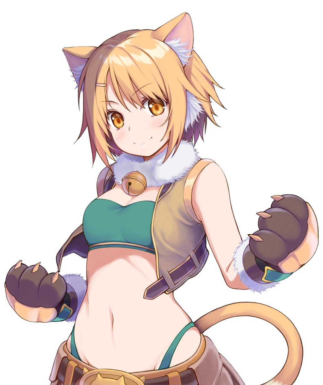 1girl animal_ear_fluff animal_ears bangs bare_shoulders bell belt big_wednesday bikini blonde_hair blush breasts brown_belt cat_ears cat_paws cat_tail cleavage closed_mouth cowboy_shot eyebrows_visible_through_hair fur-trimmed_gloves fur_collar fur_trim gloves green_bikini groin hair_between_eyes hair_ornament hairclip highleg highleg_bikini highres hiyori_(princess_connect!) jingle_bell looking_at_viewer medium_breasts midriff navel open_clothes open_vest paw_gloves paws princess_connect! princess_connect!_re:dive short_hair shorts sidelocks simple_background smile solo standing swimsuit symbol_commentary tail vest white_background yellow_eyes yellow_shorts yellow_vest