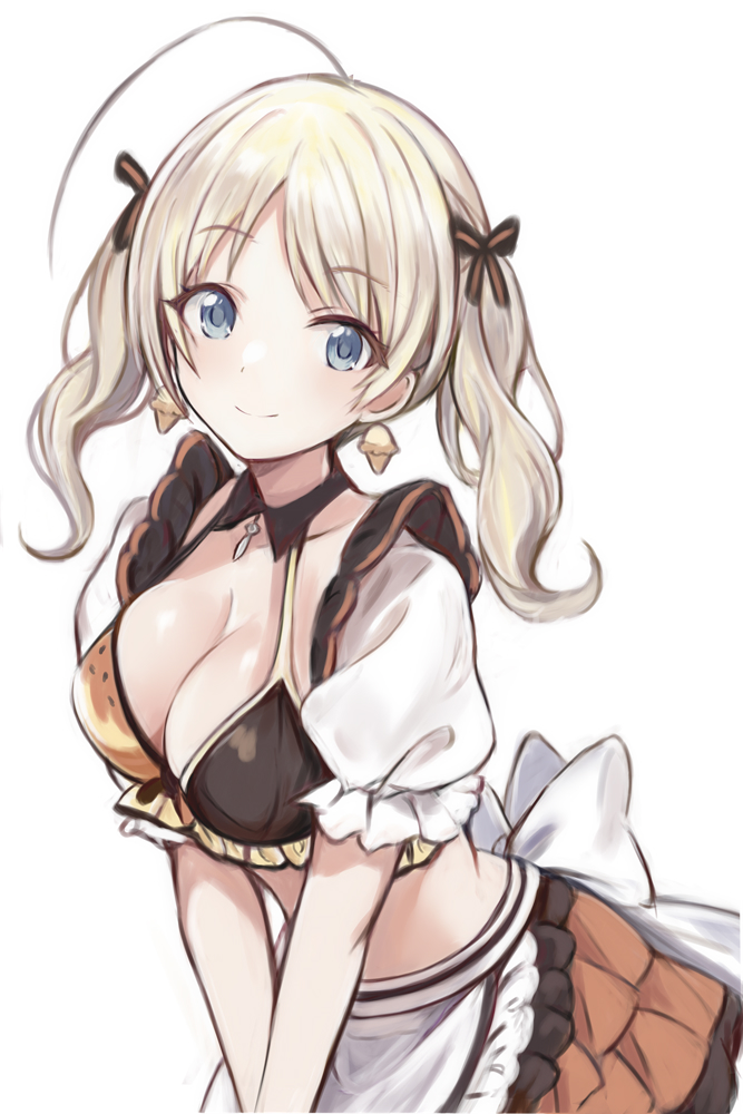 1girl antenna_hair back_bow blonde_hair blue_eyes bow breasts cleavage closed_mouth cowboy_shot crop_top food-themed_clothes frills hachimiya_meguru halterneck idolmaster idolmaster_shiny_colors large_breasts leaning_forward long_hair looking_at_viewer midriff miniskirt nannacy7 parted_bangs pleated_skirt short_sleeves simple_background skirt smile solo twintails v_arms white_background