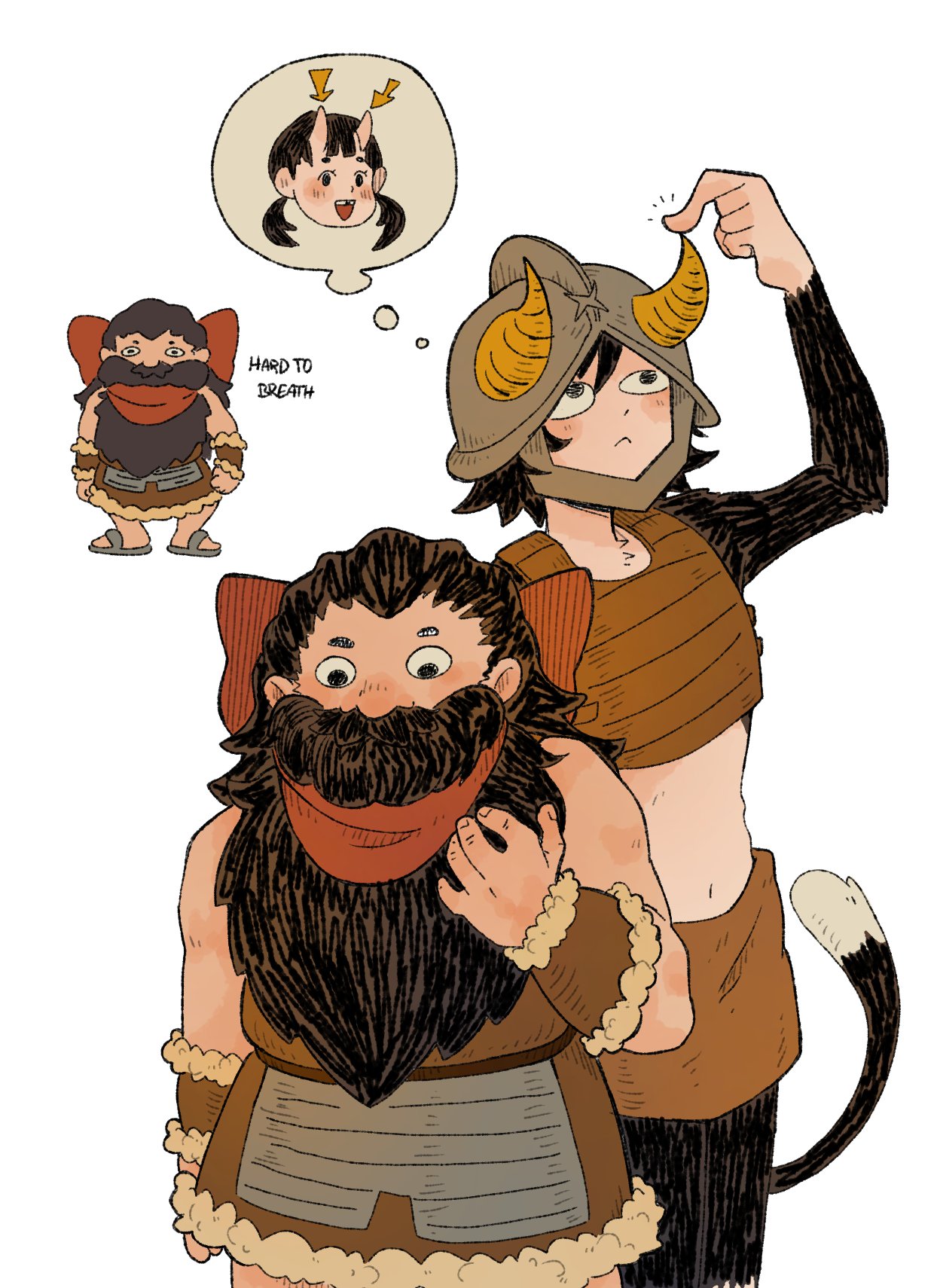 1boy 1girl animal_ears arm_up armor arrow_(symbol) bare_shoulders beard black_hair body_fur brown_skirt cat_ears cat_girl cat_tail commentary cosplay costume_switch covered_mouth cowboy_shot crop_top cutystuffy dungeon_meshi dwarf english_commentary facial_hair fake_horns flip-flops fur_trim hair_slicked_back helmet highres horned_helmet horns imagining inutade izutsumi leather_armor long_beard looking_up midriff mustache oni red_scarf sandals scarf senshi_(dungeon_meshi) short_hair simple_background skirt sleeveless spoken_character tail thought_bubble white_background