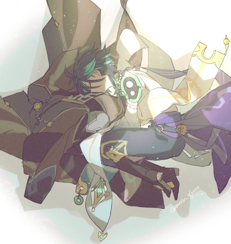 1boy aqua_hair armor bangs bead_necklace beads black_footwear black_hair boots closed_eyes genshin_impact jacket jewelry lying maka_(morphine) male_focus multicolored_hair necklace pants shoulder_armor simple_background sleeping solo spikes twitter_username white_background wide_sleeves xiao_(genshin_impact)