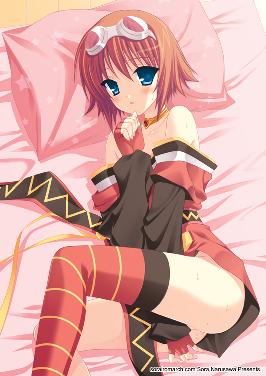 bangs bare_shoulders bed bed_sheet between_legs blue_eyes blush bob_cut brown_hair collarbone error eyebrows_visible_through_hair fingerless_gloves fingernails gem gloves goggles goggles_on_head hair_between_eyes hand_between_legs jewelry long_sleeves looking_at_viewer lying narusawa_sora necklace no_panties on_side open_mouth pillow pussy_juice red_gloves red_legwear rita_mordio scroll single_thighhigh solo star striped striped_legwear sweat tales_of_(series) tales_of_vesperia thighhighs