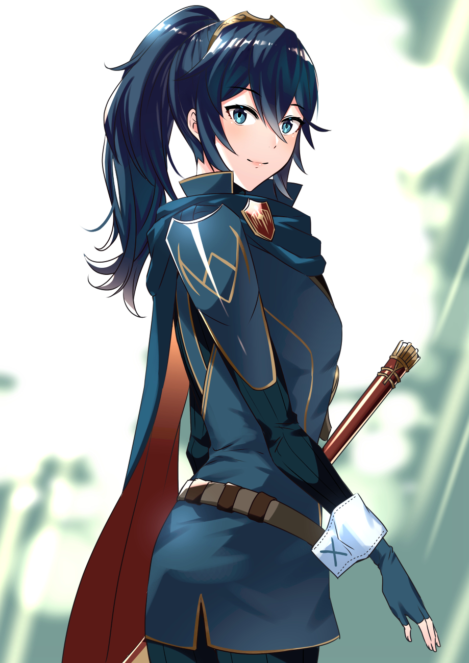 1girl ameno_(a_meno0) armor blue_eyes blue_gloves blue_hair blush cape falchion_(fire_emblem) fingerless_gloves fire_emblem fire_emblem_awakening gloves hair_between_eyes hair_ornament highres long_hair looking_at_viewer lucina_(fire_emblem) ponytail simple_background smile solo sword tiara weapon