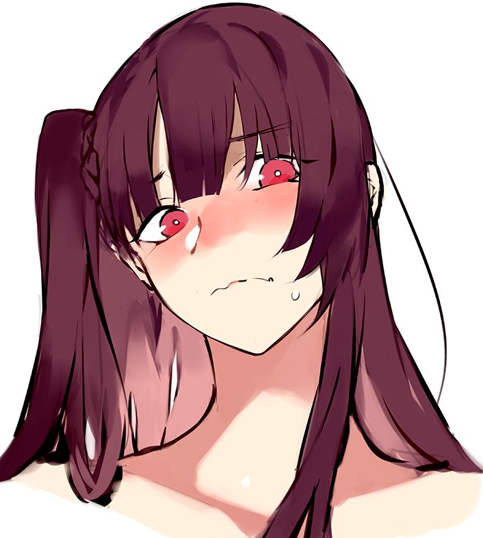 1girl azarea bangs blunt_bangs blush closed_mouth commentary_request eyebrows_visible_through_hair girls_frontline hair_between_eyes head_only long_hair looking_at_viewer nose_blush one_side_up purple_hair red_eyes sidelocks simple_background solo sweat wa2000_(girls_frontline) wavy_mouth white_background