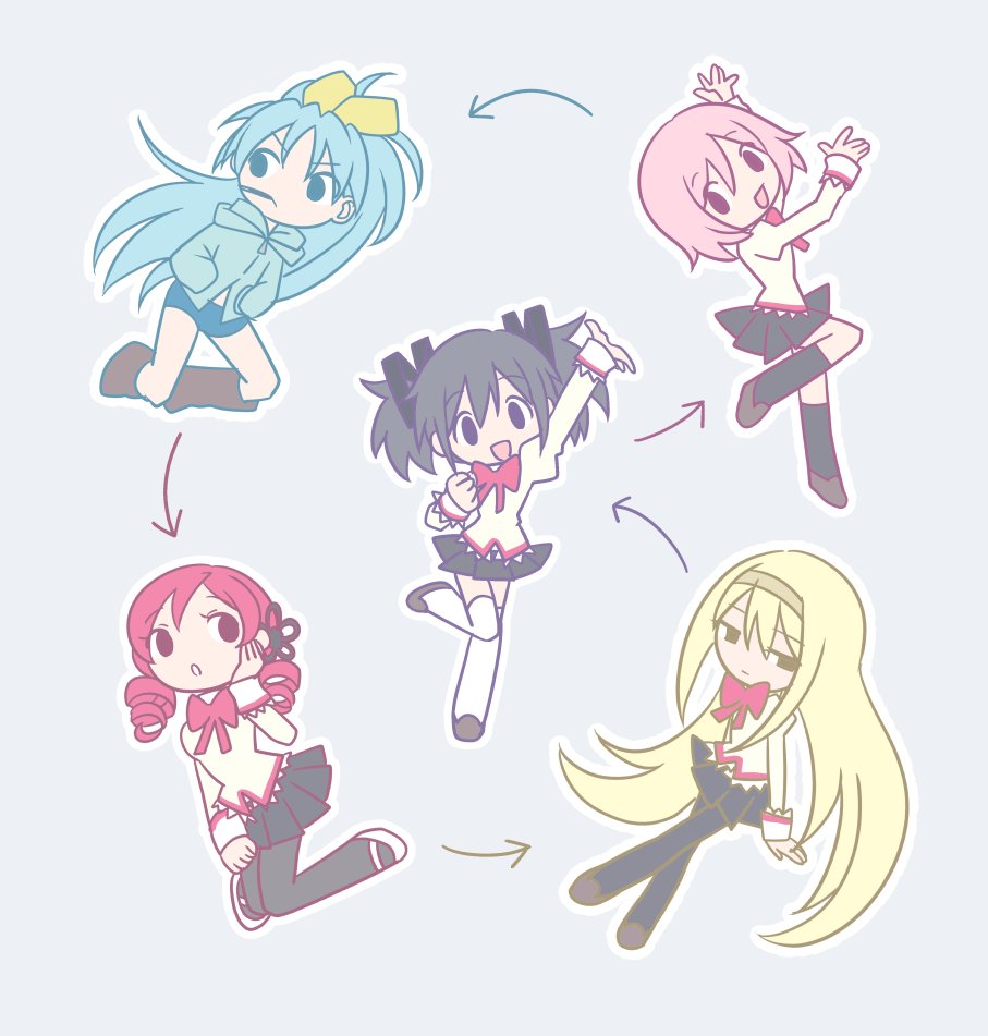 5girls akemi_homura alternate_color alternate_eye_color alternate_hair_color ankle_boots aqua_hair arms_at_sides arrow_(symbol) beige_shirt black_eyes black_hair black_legwear black_skirt blonde_hair boots brown_footwear chibi clenched_hand color_switch crossed_legs drill_hair expressionless facing_viewer feet_up flower food food_in_mouth full_body green_hoodie grey_background hair_flower hair_ornament hair_ribbon hairband hairpin half-closed_eyes hand_on_own_cheek hand_on_own_face hand_up hands_in_pockets hands_up happy high_ponytail hood hood_down hoodie jitome juliet_sleeves kaname_madoka knees_together_feet_apart legs_apart long_hair long_sleeves looking_at_viewer looking_to_the_side mahou_shoujo_madoka_magica miki_sayaka mitakihara_school_uniform mouth_hold multiple_girls neck_ribbon no_nose open_mouth outline pantyhose pink_hair pleated_skirt pocky pokki_(sue_eus) puffy_sleeves red_hair red_ribbon ribbon sakura_kyouko school_uniform serious shirt shoes short_hair short_twintails shorts simple_background skirt socks solid_oval_eyes thighhighs tomoe_mami twin_drills twintails v-shaped_eyebrows white_footwear white_legwear white_outline yellow_ribbon zipper