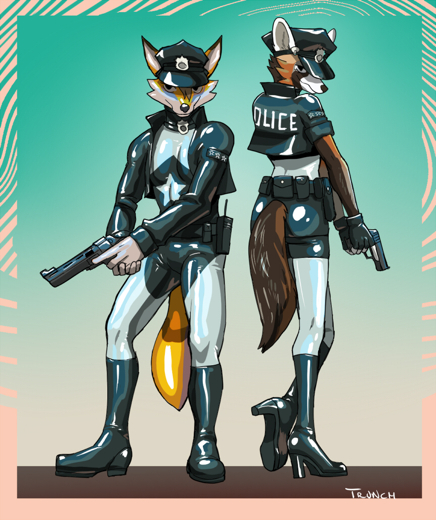 2021 ailurid anthro canid canine clothing conditional_dnp duo english_text glistening glistening_clothing gun handgun high_heels male mammal pistol police_hat police_uniform ranged_weapon red_panda rubber simple_background standing text trunchbull uniform weapon