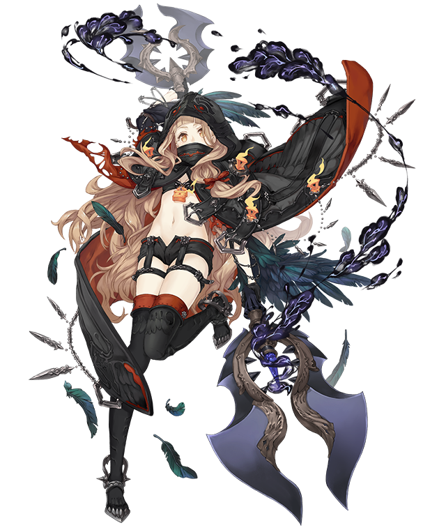 1girl blonde_hair boots cloak feathers full_body hidden_mouth holding holding_weapon hood hooded_cloak ji_no little_red_riding_hood_(sinoalice) lock long_hair looking_at_viewer midriff navel official_art orange_eyes padlock polearm short_shorts shorts sinoalice solo thigh_boots thighhighs transparent_background weapon