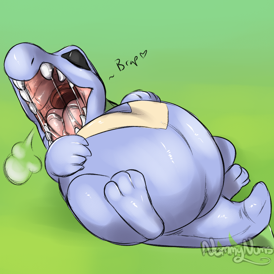 1:1 2015 after_vore ambiguous_gender belly big_belly blue_body duo green_background lying nintendo nummynumz open_mouth overweight pok&eacute;mon pok&eacute;mon_(species) sharp_teeth simple_background teeth totodile video_games vore