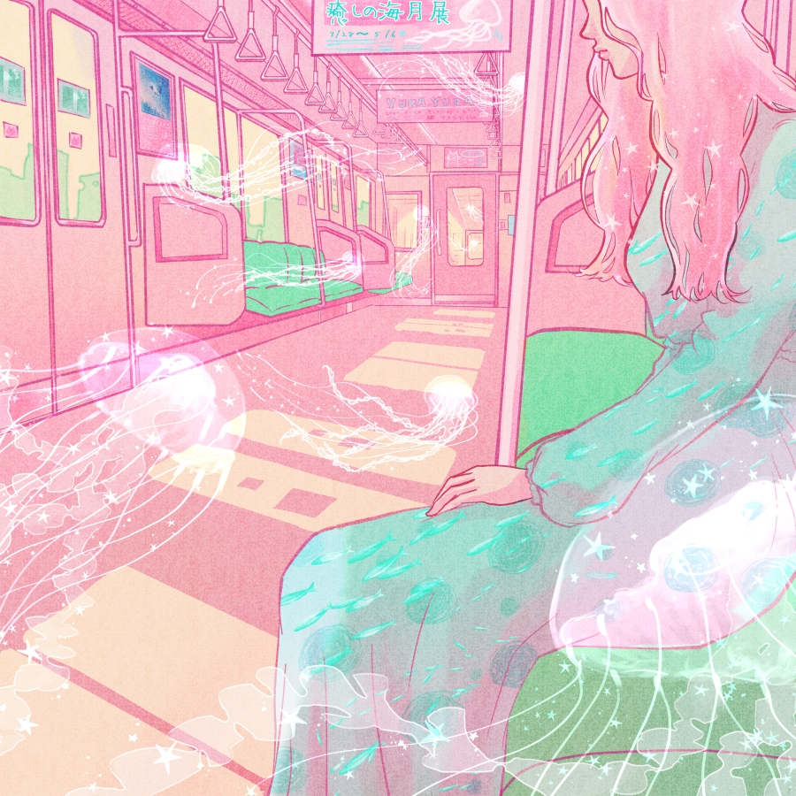 1girl aqua_dress door dress jellyfish long_hair long_sleeves original pink_hair pink_theme profanity sitting solo surreal train_interior wacca005