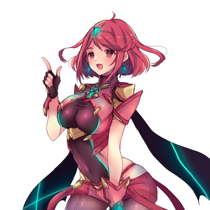 1girl ahoge arched_back armor bangs black_gloves blush breasts chest_jewel cleavage_cutout clothing_cutout commentary covered_navel cowboy_shot earrings eyebrows_visible_through_hair fingerless_gloves gem gloves gold_trim headpiece jewelry large_breasts looking_to_the_side misosio_uma open_mouth pointing pointing_up pyra_(xenoblade) red_eyes red_hair red_legwear red_shorts shiny shiny_hair short_hair short_shorts short_sleeves shorts simple_background skindentation solo swept_bangs tiara white_background xenoblade_chronicles_(series) xenoblade_chronicles_2