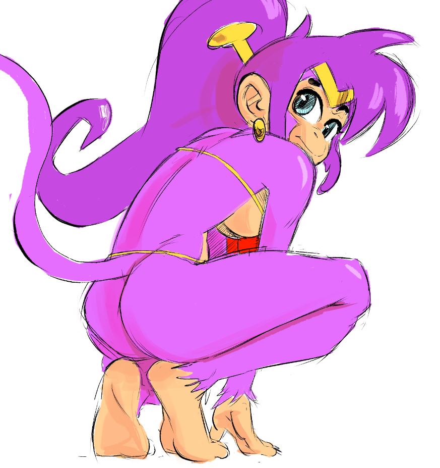 2017 akunim alternate_form alternate_species anthro anthrofied blue_eyes clothing crouching crown digital_media_(artwork) female fur hair haplorhine long_hair mammal monkey ponytail primate purple_body purple_fur purple_hair shantae_(monkey_form) simple_background solo tiara video_games white_background