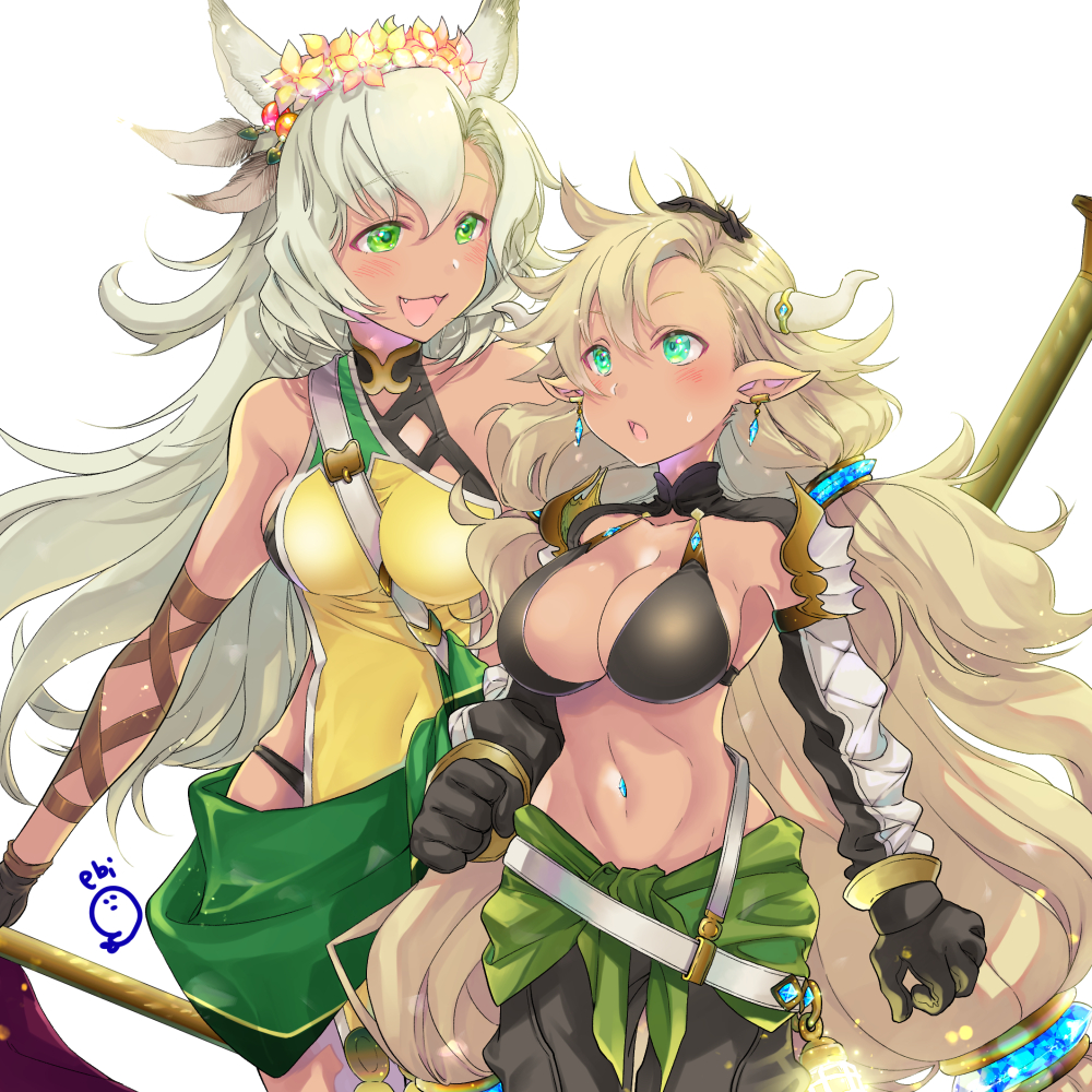 2girls :d :o almeida_(granblue_fantasy) animal_ears arm_wrap artist_logo axe baggy_pants bangs bare_shoulders belt between_breasts bikini bikini_top black_bikini black_gloves black_panties black_pants black_sleeves blonde_hair blush breasts cat_ears cleavage collarbone commentary_request commission cowboy_shot dark_skin dark_skinned_female draph dress earrings erune eyebrows_visible_through_hair flower flower_wreath gloves granblue_fantasy green_eyes grey_hair groin hair_between_eyes hair_ornament head_wreath headpat holding holding_axe holding_weapon horns jewelry large_breasts long_hair looking_at_another midriff multiple_girls navel navel_piercing nemone open_mouth panties pants panty_peek piercing pointy_ears quatraise shrug_(clothing) sideboob sidelocks simple_background skeb_commission sleeveless sleeveless_dress smile standing strap_between_breasts swimsuit underwear very_long_hair weapon white_background white_belt yellow_dress