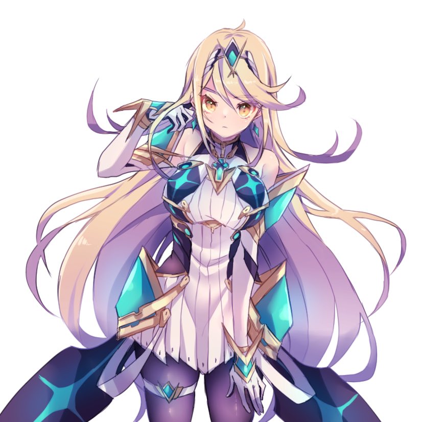 1girl ahoge armor armpit_crease bangs bare_shoulders black_legwear blonde_hair breasts chest_jewel commentary cowboy_shot dress earrings elbow_gloves eyebrows_visible_through_hair gem gloves gold_trim hand_up headpiece jewelry large_breasts long_hair looking_at_viewer misosio_uma mythra_(xenoblade) pantyhose shiny shiny_hair short_dress sidelocks simple_background solo swept_bangs thigh_strap tiara very_long_hair white_background white_dress white_gloves xenoblade_chronicles_(series) xenoblade_chronicles_2 yellow_eyes