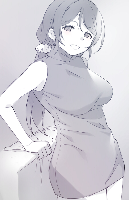 1girl breasts deyuuku dress eyebrows_visible_through_hair hair_ornament hair_scrunchie large_breasts long_hair looking_at_viewer love_live! love_live!_school_idol_project low_twintails monochrome scrunchie sleeveless sleeveless_dress sleeveless_sweater smile solo sweater sweater_dress toujou_nozomi turtleneck twintails