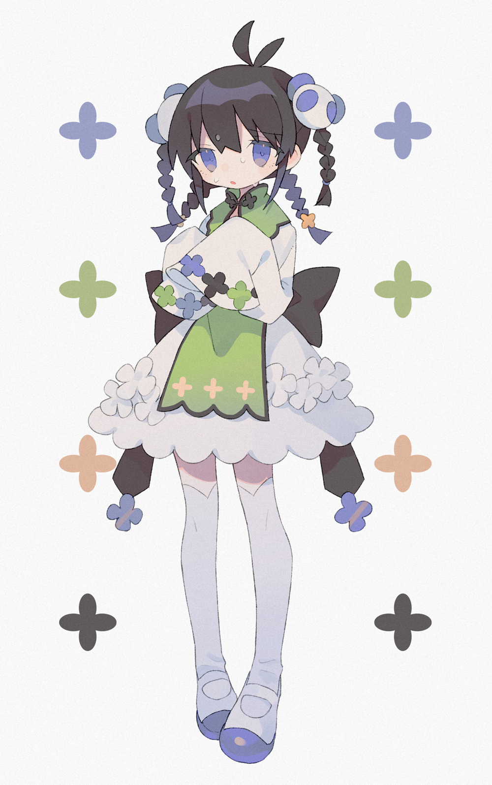 1girl :o antenna_hair back_bow bangs black_bow black_hair black_ribbon blue_eyes bow braid chinese_clothes daizu_(melon-lemon) dress film_grain flower_(symbol) from_side full_body furrowed_eyebrows gradient_eyes grey_background hair_between_eyes hair_ornament hands_up high_collar highres large_bow long_hair long_sleeves looking_at_viewer looking_to_the_side multicolored multicolored_eyes multiple_braids no_nose original over-kneehighs panda panda_hair_ornament parted_lips pigeon-toed quad_braids quad_tails ribbon shiny shiny_hair shoes short_dress sidelocks simple_background sleeves_past_fingers sleeves_past_wrists solo standing sweat tabard thighhighs two-tone_footwear uwabaki white_dress white_footwear white_legwear wide_sleeves