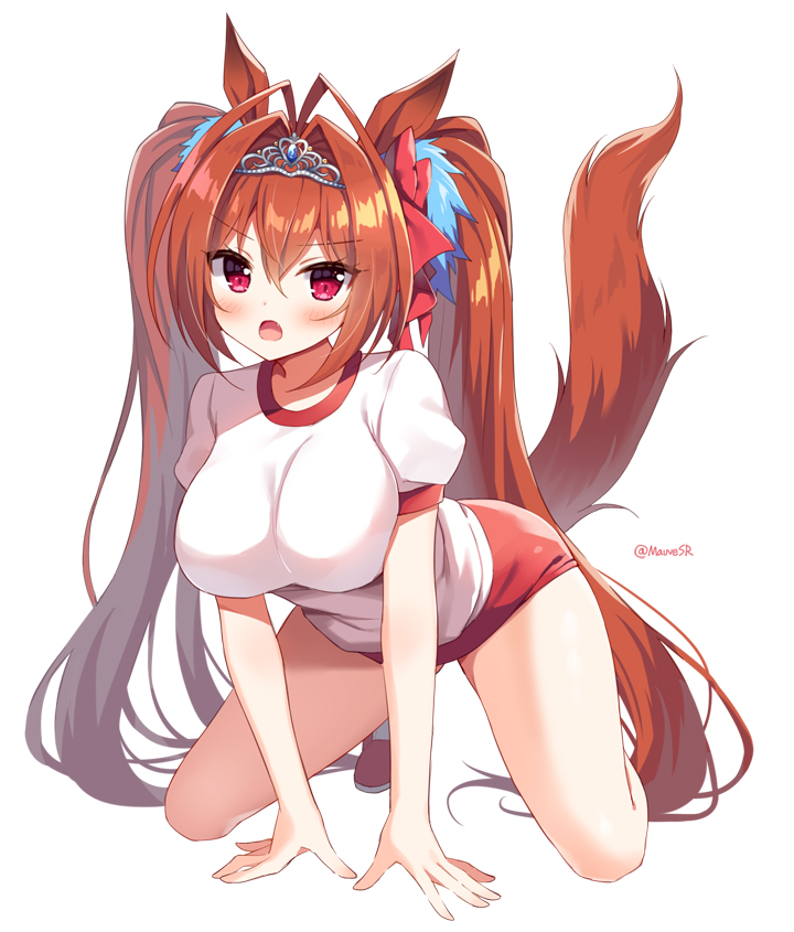 1girl animal_ears antenna_hair arm_support blush breasts brown_hair buruma commentary_request daiwa_scarlet_(umamusume) fang full_body gym_shirt hair_intakes horse_ears horse_girl horse_tail large_breasts long_hair looking_at_viewer mauve open_mouth puffy_short_sleeves puffy_sleeves red_buruma red_eyes red_footwear shirt shoes short_sleeves simple_background socks solo tail tiara twintails twitter_username umamusume v-shaped_eyebrows very_long_hair white_background white_legwear white_shirt