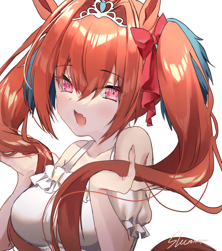 1girl :d animal_ears bangs bare_shoulders blush breasts collarbone daiwa_scarlet_(umamusume) eyebrows_visible_through_hair fang frilled_sleeves frills hair_between_eyes hair_intakes holding holding_hair horse_ears long_hair looking_at_viewer medium_breasts open_mouth pink_eyes puffy_short_sleeves puffy_sleeves red_hair shiromoru_(yozakura_rety) short_sleeves signature simple_background skin_fang smile solo tiara twintails umamusume white_background