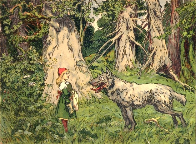 1905 20th_century ancient_furry_art arpad_schmidhammer big_bad_wolf biped bottle bottomwear canid canine canis cheek_tuft clothed clothing day detailed_background digitigrade duo facial_tuft female feral forest fully_clothed fur grass green_clothing grey_body grey_fur headgear headwear holding_object human light_body light_hair light_skin little_red_riding_hood little_red_riding_hood_(copyright) looking_at_another male mammal nude open_mouth outside plant quadruped red_bottomwear red_clothing red_headwear sky standing teeth tongue tongue_out traditional_media_(artwork) tree tuft white_clothing wolf young