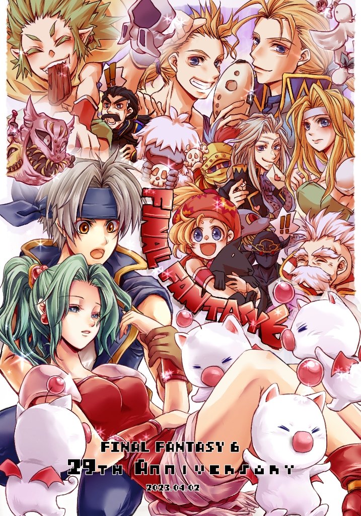 3girls 6+boys armor asymmetrical_hair ayana_(iqaw5cfohvdtver) bird black_hair black_jacket blonde_hair blue_eyes blue_headband blue_jacket boots breasts brothers brown_eyes brown_gloves cape celes_chere closed_eyes colored_eyelashes cyan_garamonde dated dove dress earrings edgar_roni_figaro envelope facial_hair final_fantasy final_fantasy_vi gau gloves gold_trim green_hair green_leotard grey_hair grin hair_bobbles hair_ornament half-closed_eyes headband headscarf holding holding_another's_wrist holding_envelope holding_skull interceptor_(ff6) jacket jewelry leotard locke_cole long_hair low_ponytail mask medium_breasts monster moogle mouth_mask multiple_boys multiple_girls mustache ninja ninja_mask old old_man open_mouth parted_bangs parted_lips pointy_ears ponytail red_dress red_footwear relm_arrowny sabin_rene_figaro sash scar scar_on_face scar_on_forehead setzer_gabbiani shadow_(ff6) sharp_teeth short_hair shoulder_armor siblings sidecut skull sleeves_rolled_up smile strago_magus strapless strapless_dress sweatdrop teeth terra_branford tube_dress umaro undercut waist_sash yellow_cape yeti_(creature)