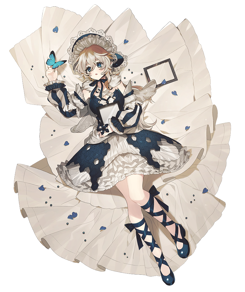 1girl bangs blue_butterfly blue_eyes blush bonnet bug butterfly detached_sleeves dress frilled_dress frills hair_between_eyes insect lolita_fashion long_sleeves lunch_(lunchicken) original parted_lips shadow simple_background solo white_background