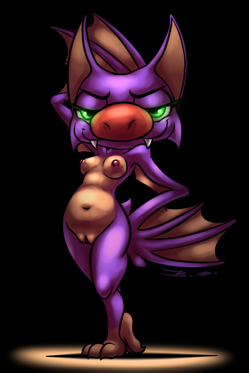 anthro bassybefuddle belly black_background breasts chiropteran female genitals glowing glowing_eyes green_eyes hi_res laylee looking_at_viewer mammal medium_breasts navel nipples nude playtonic_games pose purple_body pussy red_nose short_stack simple_background solo standing tan_body video_games winged_arms wings yooka-laylee