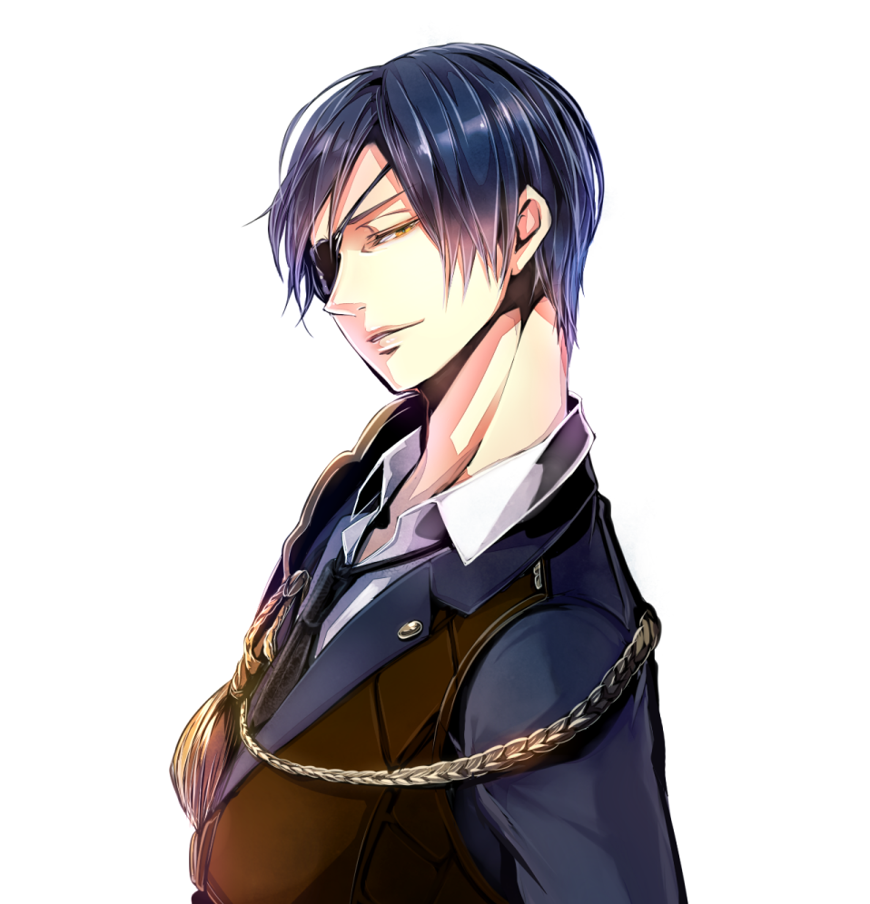 1boy bangs black_hair black_jacket black_neckwear brown_vest commentary_request eyepatch jacket looking_at_viewer looking_to_the_side male_focus necktie norapeko parted_lips shiny shiny_hair shirt shokudaikiri_mitsutada short_hair simple_background smile solo touken_ranbu upper_body vest white_background white_shirt yellow_eyes