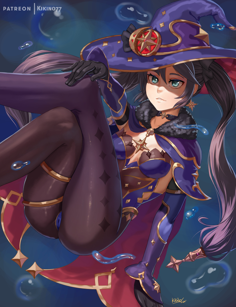 1girl artist_name bangs black_gloves black_hair black_legwear breasts cameltoe capelet cleavage floating genshin_impact gloves green_eyes hand_on_own_knee hat kikino long_hair mona_megistus parted_lips purple_capelet purple_headwear skindentation small_breasts solo thigh_strap very_long_hair witch_hat