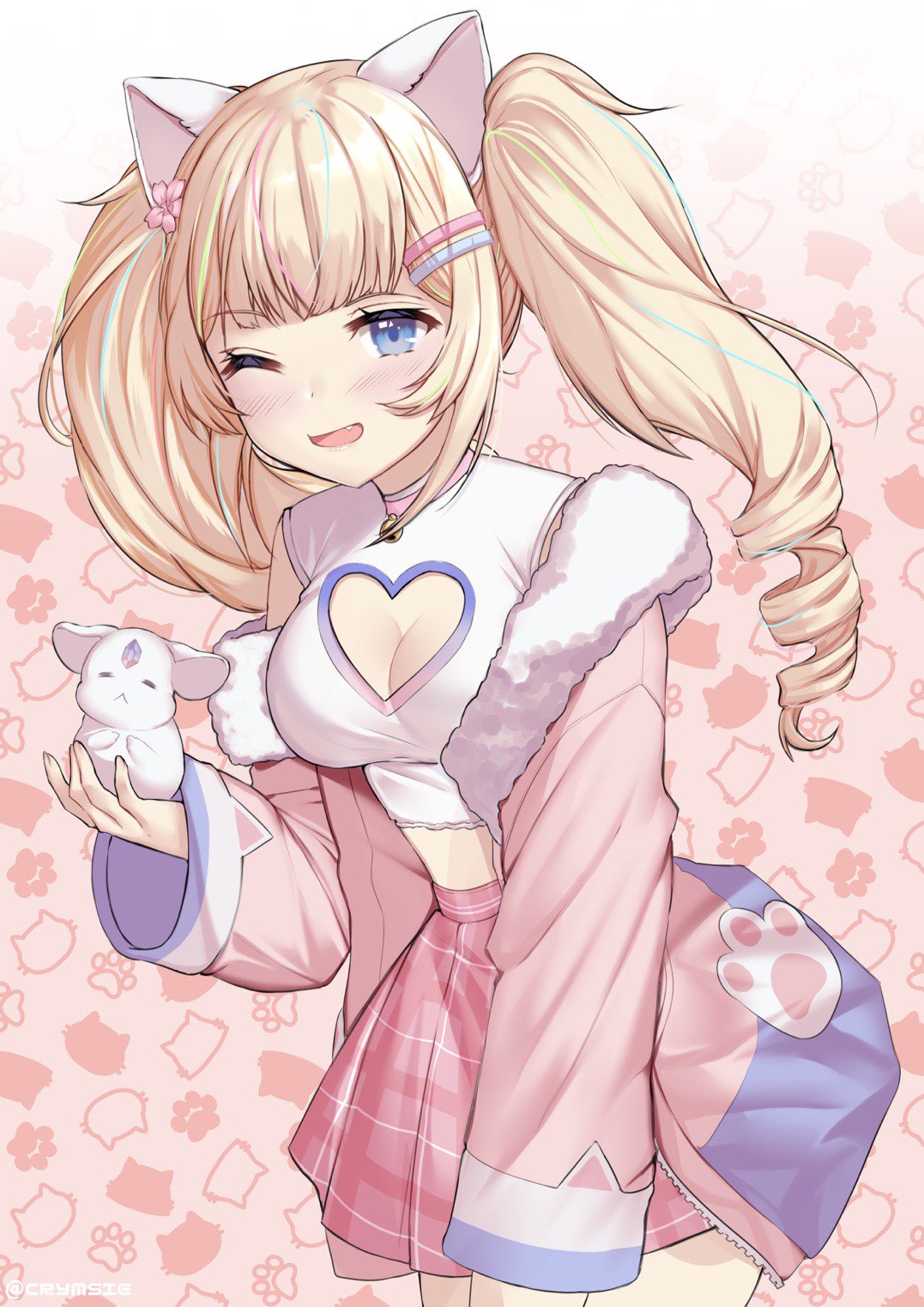 1girl animal animal_ears blonde_hair blue_eyes blush breasts cat_ears cleavage cleavage_cutout clothing_cutout commission fang fur_trim heart_cutout highres holding holding_animal indie_virtual_youtuber leaning_forward one_eye_closed open_mouth peachymilky_(vtuber) pink_skirt pink_sweater plaid plaid_skirt rachel_bouvier second-party_source skirt smile solo sweater twintails virtual_youtuber