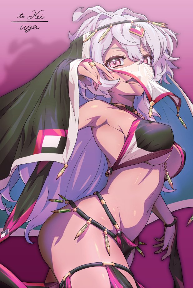 1girl arabian_clothes blush borrowed_character breasts commission covered_nipples dancer dark_skin fang harem_outfit light_purple_hair long_hair looking_at_viewer medium_breasts mouth_veil navel no_panties open_mouth original pelvic_curtain red_eyes shiny shiny_hair shiny_skin solo standing uganda