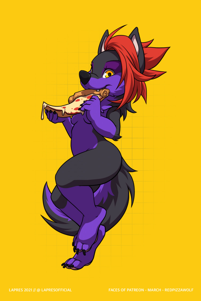 2021 4_toes 5_fingers anthro black_body black_fur breasts canid canine canis digital_media_(artwork) eating featureless_breasts feet female fingers food fur hair hi_res lapres looking_at_viewer mammal nude pizza purple_body purple_fur red_hair simple_background smile solo toes wolf yellow_background yellow_eyes