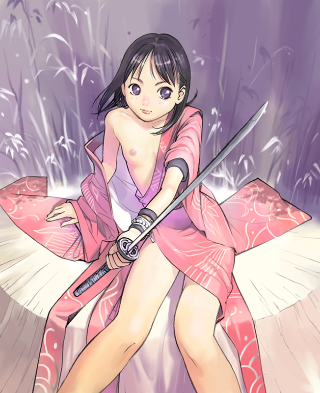 copyright_request flat_chest japanese_clothes katana open_clothes open_robe orange_bullet robe solo sword weapon