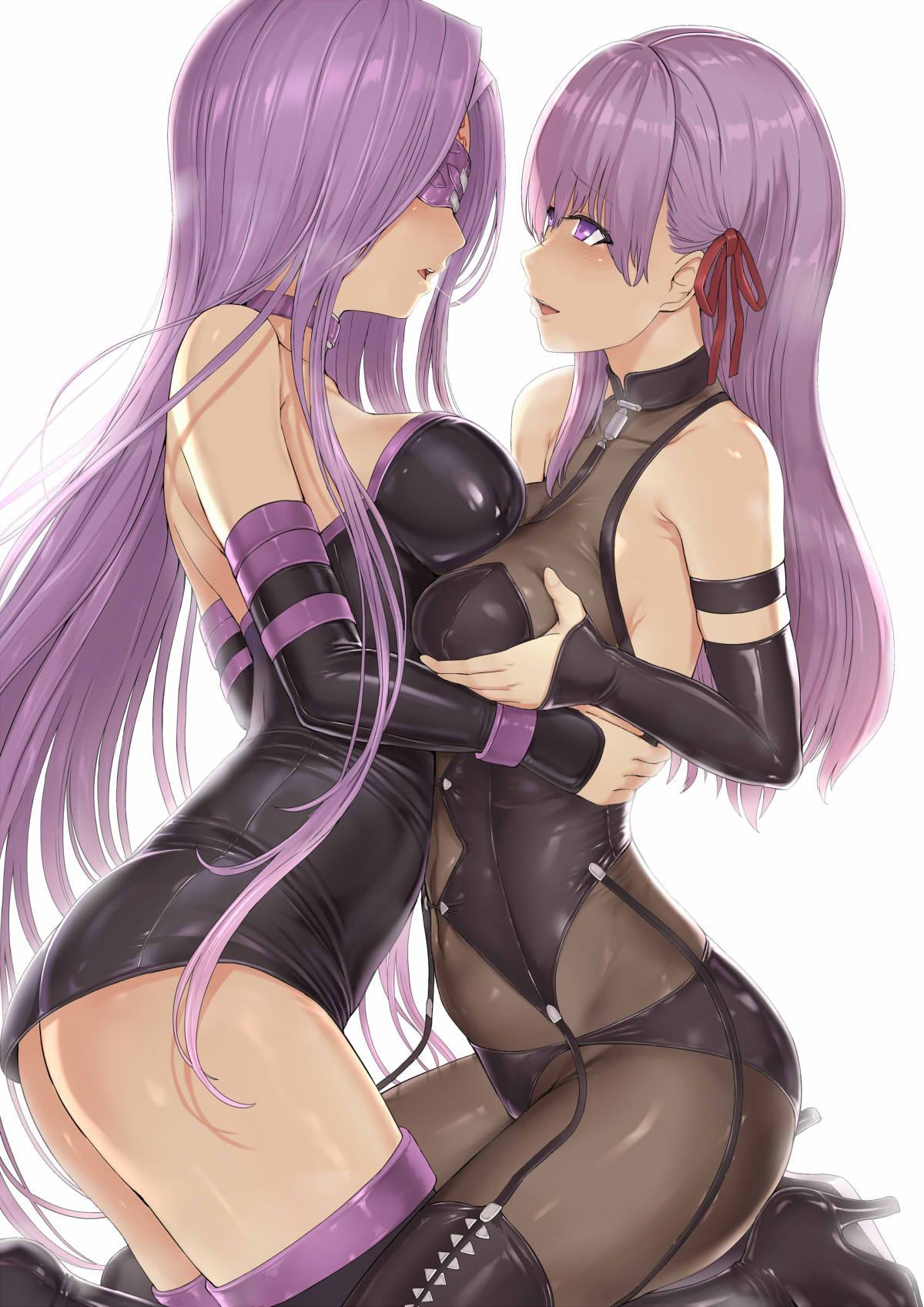2girls after_kiss bangs bare_shoulders blindfold breast_press breasts cleavage collar facial_mark fate/stay_night fate_(series) forehead forehead_mark hair_ribbon hakaba_(dairiseki) highres kneeling large_breasts long_hair matou_sakura medusa_(rider)_(fate) multiple_girls parted_bangs parted_lips purple_eyes purple_hair red_ribbon ribbon saliva saliva_trail sidelocks very_long_hair