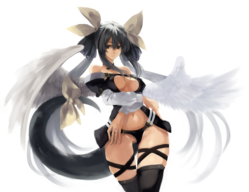 1girl angel_wings asymmetrical_wings bangs bare_shoulders black_bra black_panties bra breasts brown_eyes cleavage dizzy_(guilty_gear) eyebrows_visible_through_hair guilty_gear guilty_gear_x guilty_gear_xx hair_between_eyes hair_ribbon hair_rings large_breasts long_hair looking_at_viewer maka_(morphine) midriff navel off_shoulder panties revealing_clothes ribbon sad shaded_face sidelocks simple_background solo tail tail_ornament tail_ribbon thigh_gap thigh_strap thighhighs thighs twintails underboob underwear white_background wings