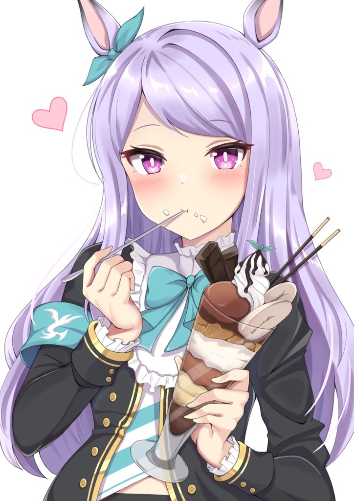 1girl animal_ears aqua_bow black_jacket blush bow buttons eating eyebrows_visible_through_hair food food_on_face heart holding holding_spoon horse_ears horse_girl jacket long_hair long_sleeves mejiro_mcqueen_(umamusume) nanao_(naoekaki25) purple_eyes purple_hair simple_background solo spoon umamusume upper_body utensil_in_mouth white_background