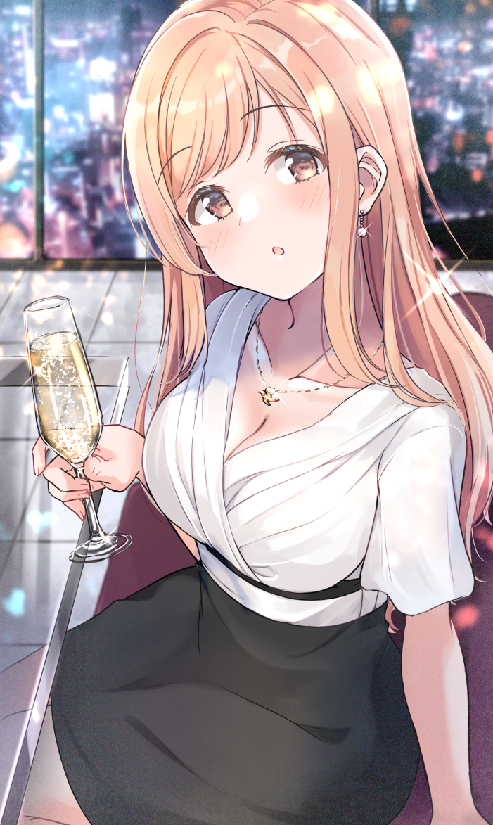 1girl :o alcohol bangs black_skirt blonde_hair blush breasts brown_eyes champagne champagne_flute cleavage collarbone commentary cup drinking_glass eating glass_table glint holding holding_cup idolmaster idolmaster_shiny_colors indoors jewelry large_breasts long_hair looking_at_viewer necklace older open_mouth sakuragi_mano shiitake_taishi shirt short_sleeves sitting skirt solo swept_bangs table white_shirt window