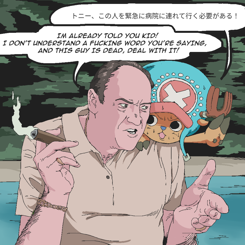 1:1 anthro antlers bodily_fluids cigar cigarette crossover deer duo english_text holding_cigarette holding_object hooves horn human humor japanese_text male mammal new_world_deer one_piece profanity reindeer smoking sweat text the_sopranos tony_soprano tony_tony_chopper uname9908