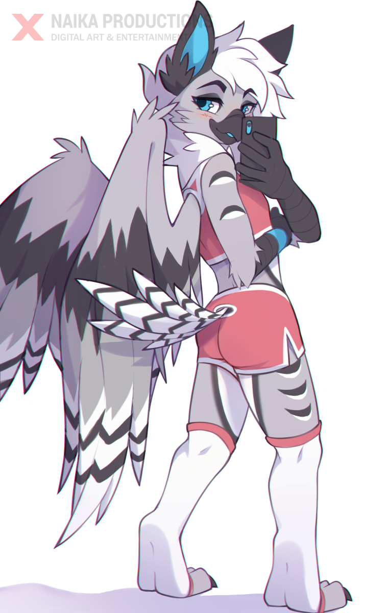 anthro avian beak blush butt butt_pose clothing dervid_taktian digitigrade gryphon hair hi_res looking_back male mohawk mythological_avian mythology naika phone pose selfie solo sportswear standing white_hair wings wristband