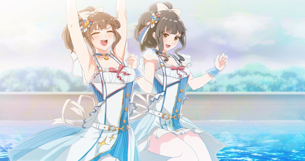 2girls arms_up black_hair bow breasts brown_eyes brown_hair cloud dress fujii_tomo fuwafuwatoufu hair_bow high_ponytail hori_yuuko idolmaster idolmaster_cinderella_girls light multicolored multicolored_clothes multicolored_dress multiple_girls open_mouth pool sidelocks sky small_breasts smile tree underbust wall white_bow