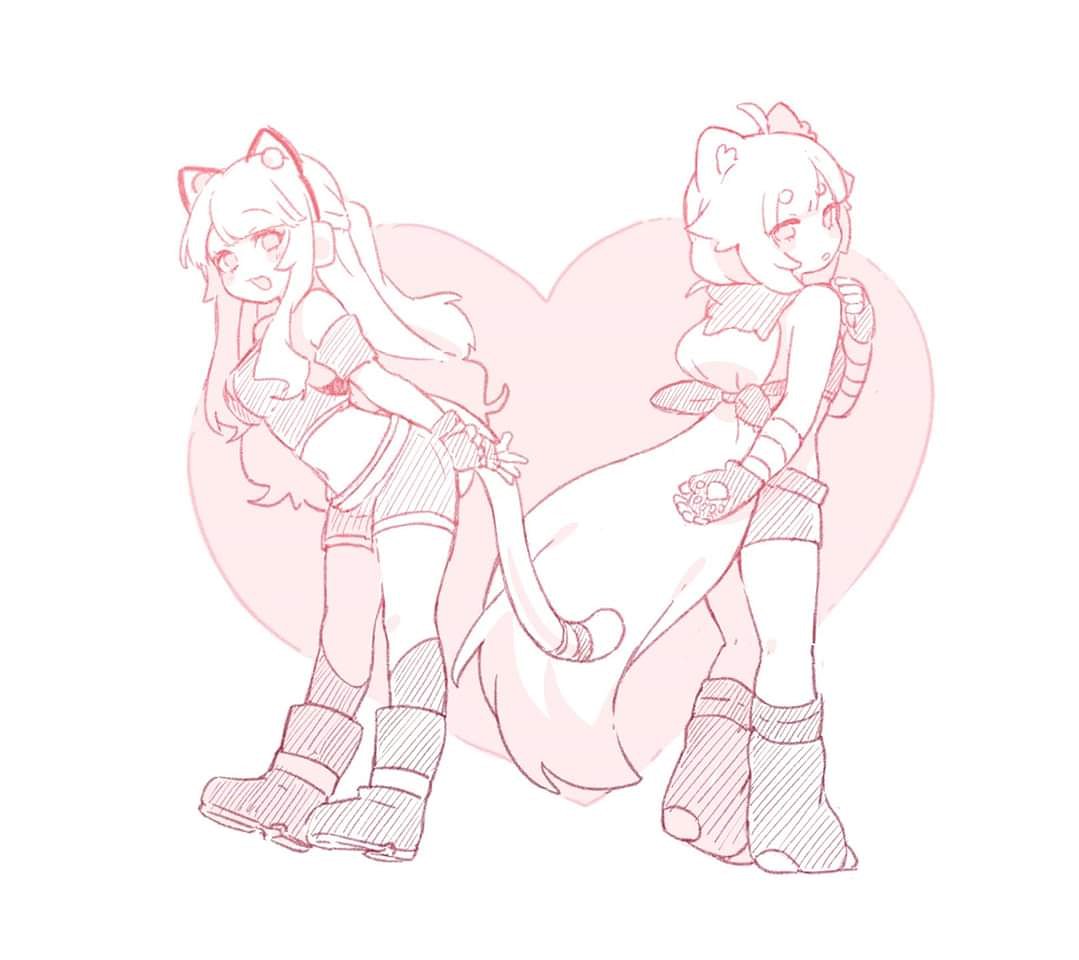 2girls :3 ahoge animal_ear_fluff animal_ears armband arms_behind_back bandaged_arm bandages bangs bare_shoulders blush blush_stickers boots breasts cat_ear_headphones cat_ears cat_girl cat_tail crop_top eyebrows_visible_through_hair fake_animal_ears fingerless_gloves from_behind from_side full_body gloves hand_up happy headphones heart heart_background heel_up jpeg_artifacts kneehighs kneepits leaning_forward linmiu_(smilemiku) long_hair looking_at_viewer looking_back medium_breasts midriff monochrome multiple_girls navel open_mouth original parted_lips paw_boots paw_print pink_background pink_theme ponytail shirt short_shorts shorts simple_background sketch sleeveless sleeveless_shirt small_breasts smile standing stomach symmetry tail tied_hair two-tone_background very_long_hair white_background